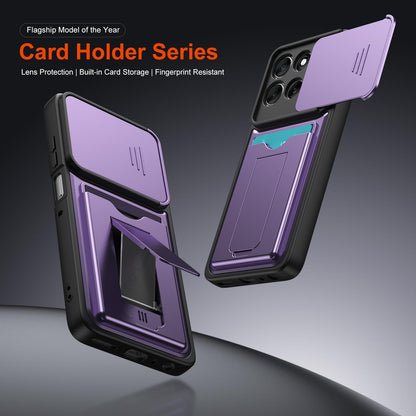 For Motorola Moto G57 Power 5G / G67 Power 5G Card Holder Series Sliding Lens Cover PC Hybrid TPU Phone Case - Purple - EDA009708706E