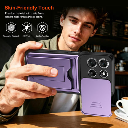For Motorola Moto G57 Power 5G / G67 Power 5G Card Holder Series Sliding Lens Cover PC Hybrid TPU Phone Case - Purple - EDA009708706E