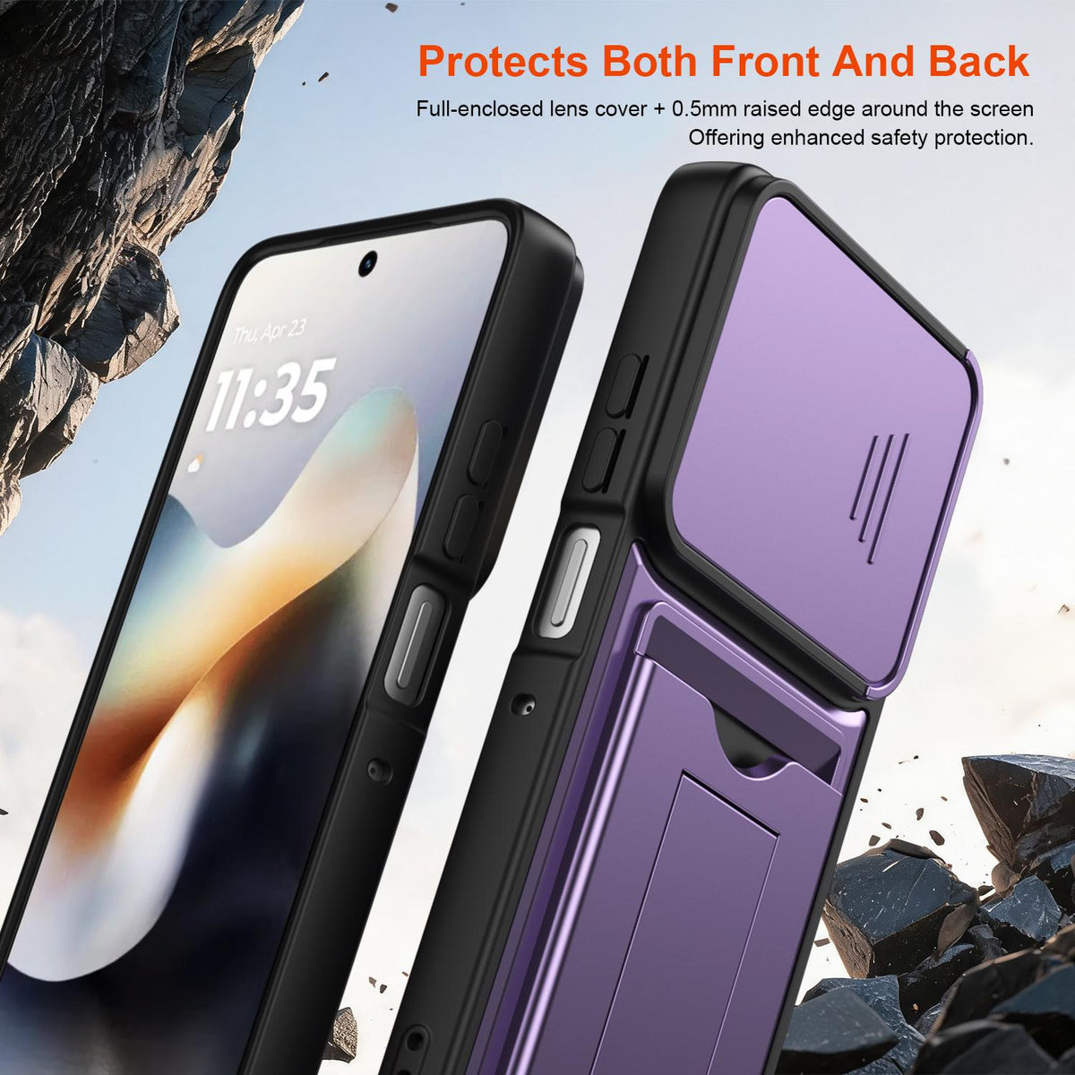 For Motorola Moto G57 Power 5G / G67 Power 5G Card Holder Series Sliding Lens Cover PC Hybrid TPU Phone Case - Purple - EDA009708706E