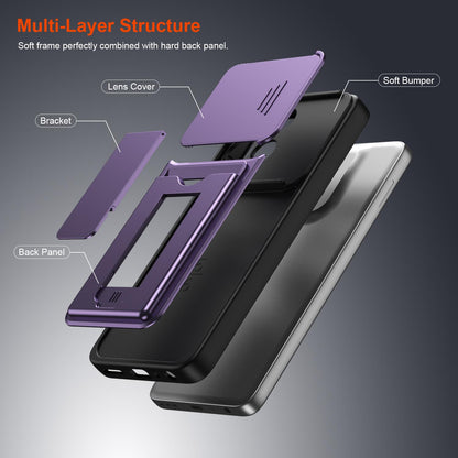 For Motorola Moto G57 Power 5G / G67 Power 5G Card Holder Series Sliding Lens Cover PC Hybrid TPU Phone Case - Purple - EDA009708706E