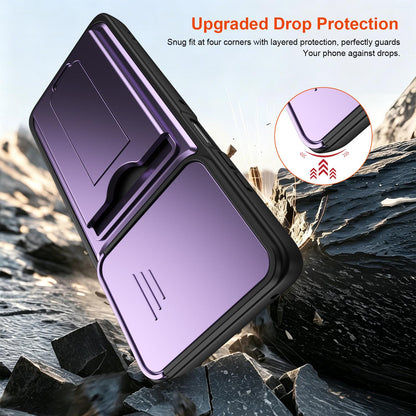 For Motorola Moto G57 Power 5G / G67 Power 5G Card Holder Series Sliding Lens Cover PC Hybrid TPU Phone Case - Purple - EDA009708706E