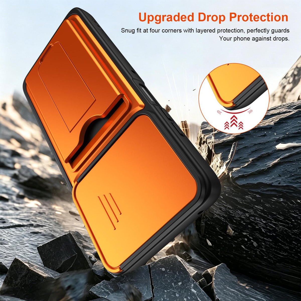 For Motorola Moto G86 5G Card Holder Series Sliding Lens Cover PC Hybrid TPU Phone Case - Orange - EDA009708707C