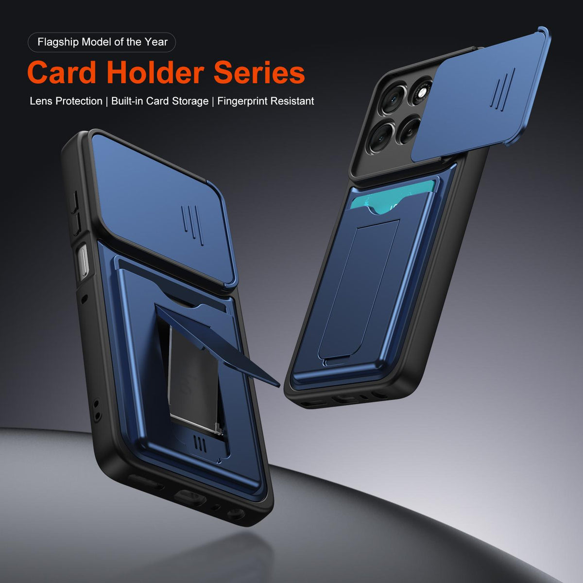 For Motorola Moto G86 Power Card Holder Series Sliding Lens Cover PC Hybrid TPU Phone Case - Blue - EDA009708708B