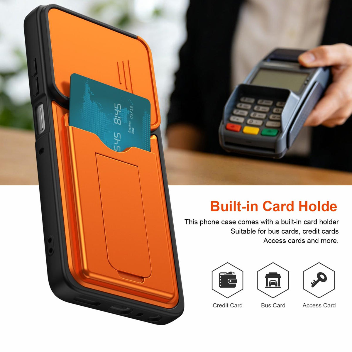 For Motorola Moto G86 Power Card Holder Series Sliding Lens Cover PC Hybrid TPU Phone Case - Orange - EDA009708708C