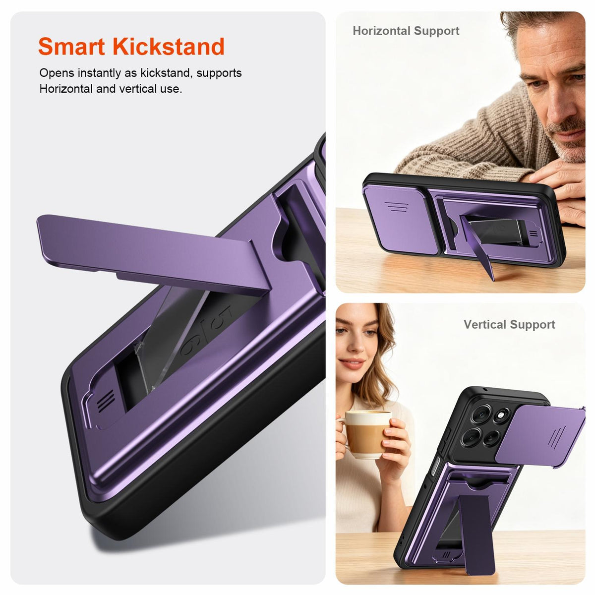 For Motorola Moto G86 Power Card Holder Series Sliding Lens Cover PC Hybrid TPU Phone Case - Purple - EDA009708708E