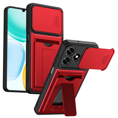 For Honor 600 Lite Global Card Holder Series Sliding Lens Cover PC Hybrid TPU Phone Case - Red - EDA009708801A