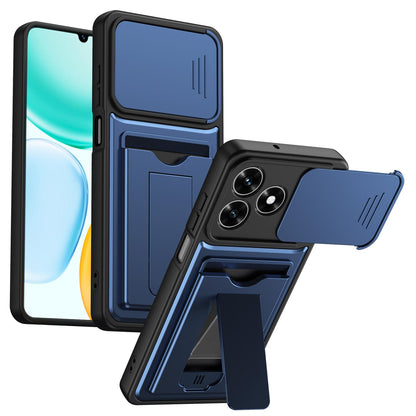 For Honor 600 Lite Global Card Holder Series Sliding Lens Cover PC Hybrid TPU Phone Case - Blue - EDA009708801B