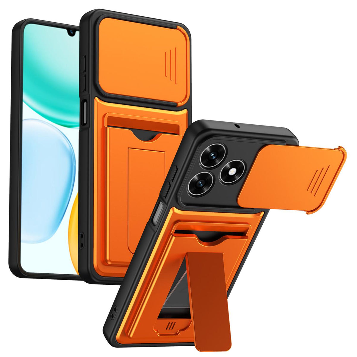 For Honor 600 Lite Global Card Holder Series Sliding Lens Cover PC Hybrid TPU Phone Case - Orange - EDA009708801C
