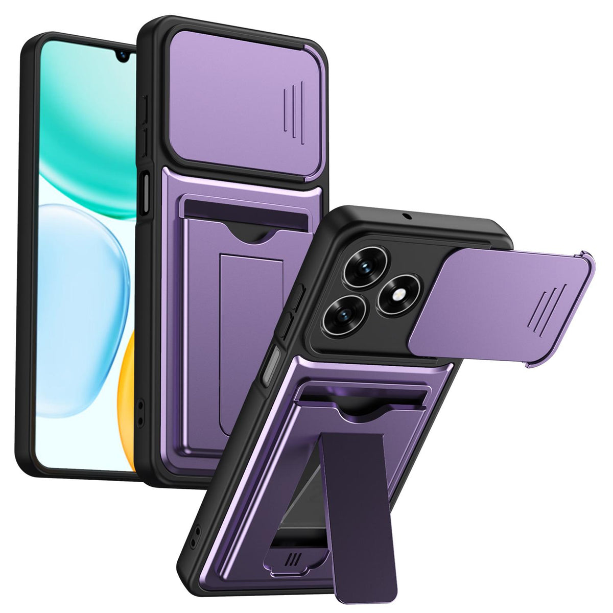 For Honor 600 Lite Global Card Holder Series Sliding Lens Cover PC Hybrid TPU Phone Case - Purple - EDA009708801E