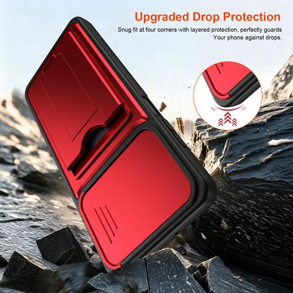 For Honor X5c 4G / X5c Plus Card Holder Series Sliding Lens Cover PC Hybrid TPU Phone Case - Red - EDA009708803A