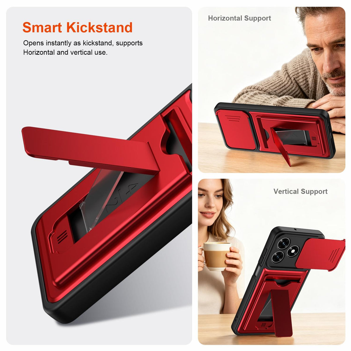 For Honor X5c 4G / X5c Plus Card Holder Series Sliding Lens Cover PC Hybrid TPU Phone Case - Orange - EDA009708803C