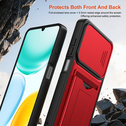 For Honor X5c 4G / X5c Plus Card Holder Series Sliding Lens Cover PC Hybrid TPU Phone Case - Orange - EDA009708803C