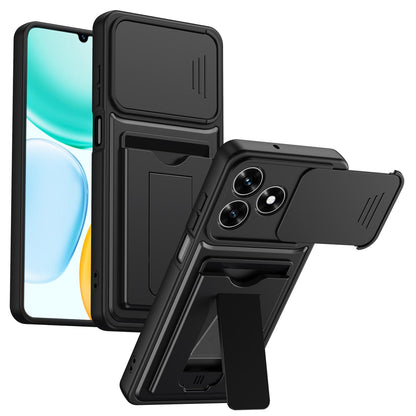 For Honor X5c 4G / X5c Plus Card Holder Series Sliding Lens Cover PC Hybrid TPU Phone Case - Black - EDA009708803D