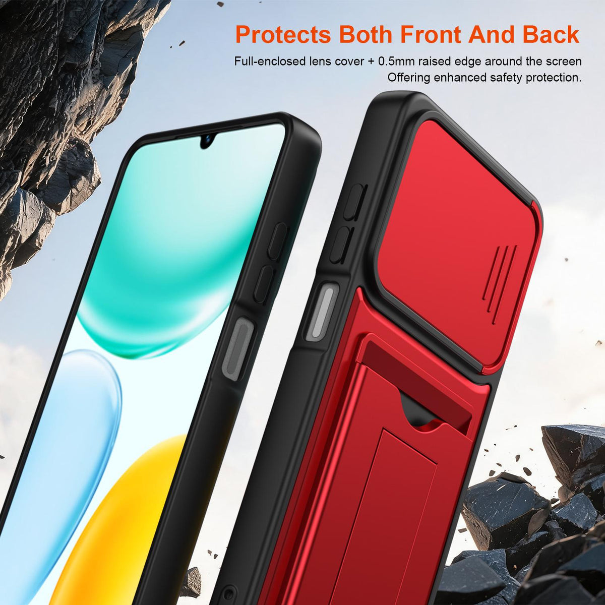 For Honor X5c 4G / X5c Plus Card Holder Series Sliding Lens Cover PC Hybrid TPU Phone Case - Black - EDA009708803D