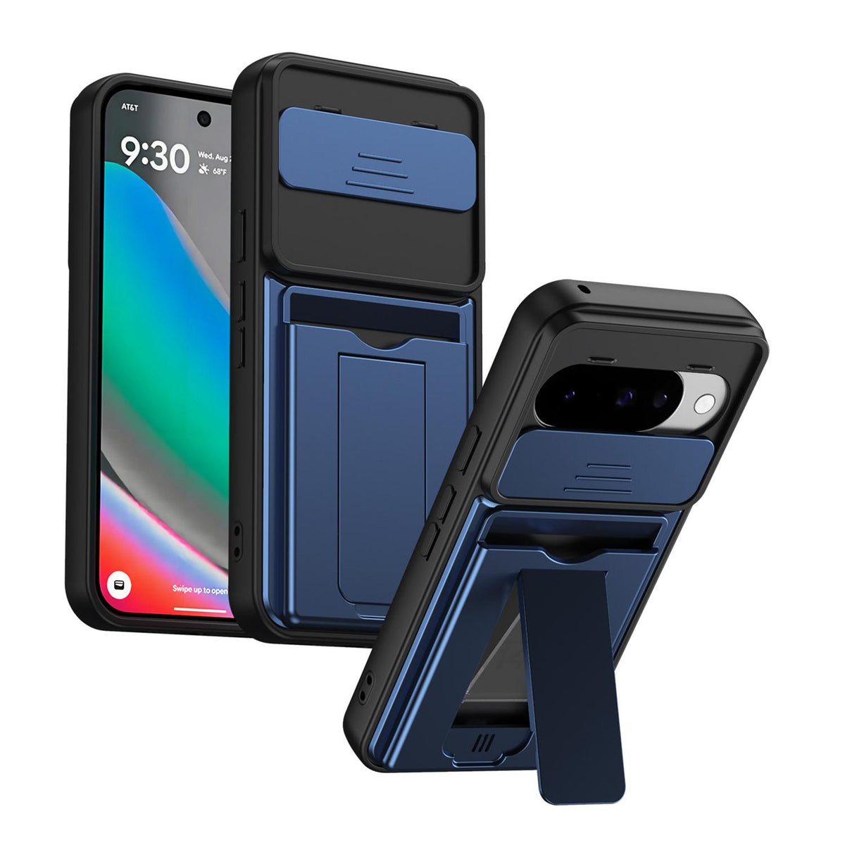 For Google Pixel 10 / Pixel 10 Pro Card Holder Series Sliding Lens Cover PC Hybrid TPU Phone Case - Blue - EDA009708902B