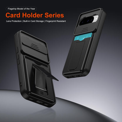 For Google Pixel 10 / Pixel 10 Pro Card Holder Series Sliding Lens Cover PC Hybrid TPU Phone Case - Orange - EDA009708902C