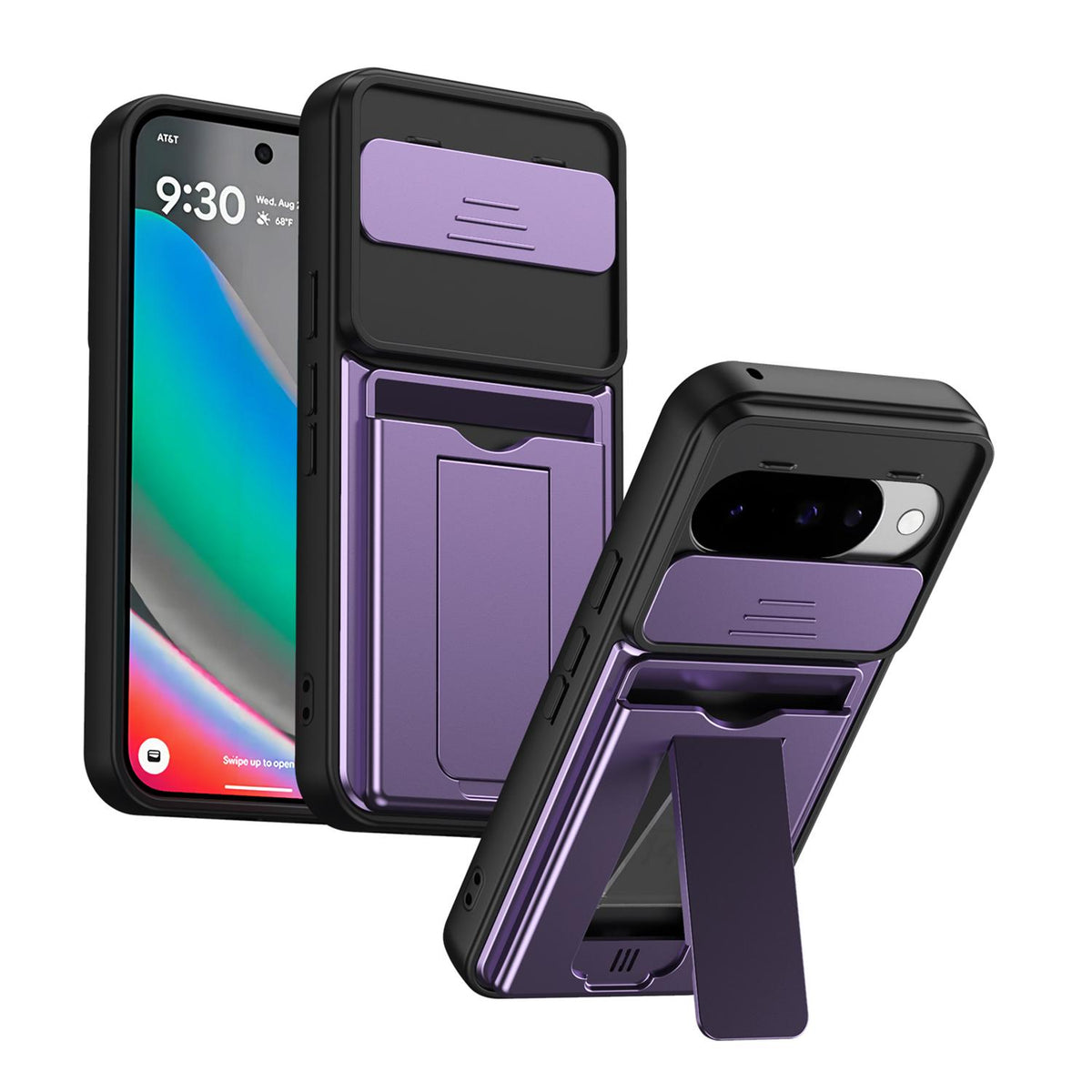For Google Pixel 10 / Pixel 10 Pro Card Holder Series Sliding Lens Cover PC Hybrid TPU Phone Case - Purple - EDA009708902E