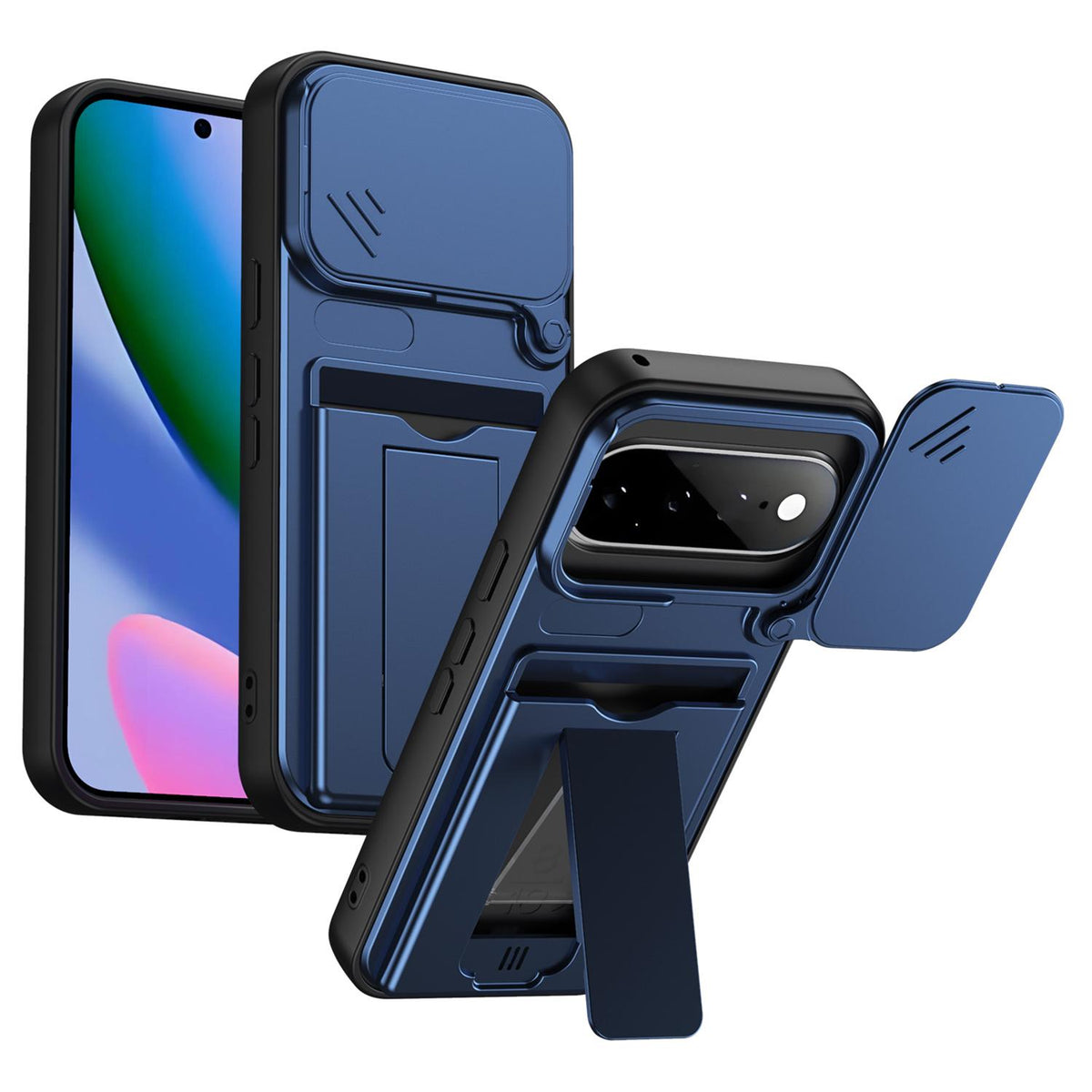 For Google Pixel 11 / Pixel 11 Pro Card Holder Series Sliding Lens Cover PC Hybrid TPU Phone Case - Blue - EDA009708904B