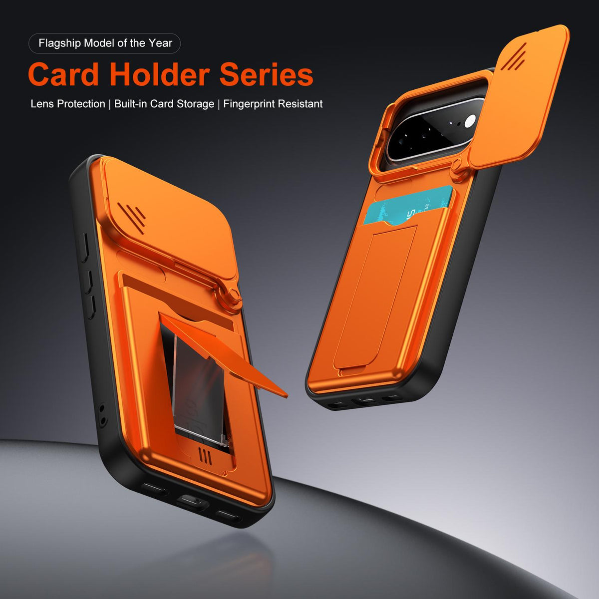 For Google Pixel 11 / Pixel 11 Pro Card Holder Series Sliding Lens Cover PC Hybrid TPU Phone Case - Orange - EDA009708904C