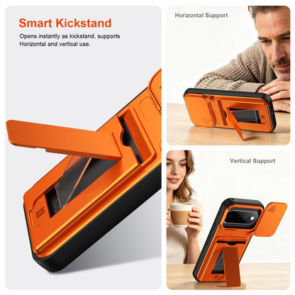 For Google Pixel 11 / Pixel 11 Pro Card Holder Series Sliding Lens Cover PC Hybrid TPU Phone Case - Orange - EDA009708904C