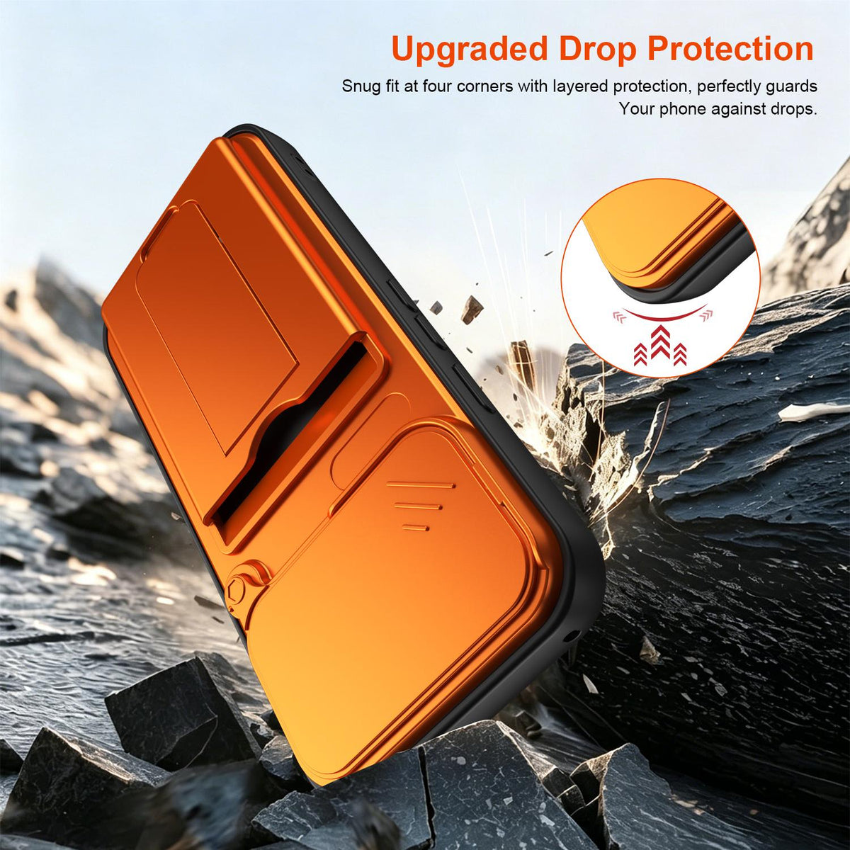 For Google Pixel 11 / Pixel 11 Pro Card Holder Series Sliding Lens Cover PC Hybrid TPU Phone Case - Orange - EDA009708904C