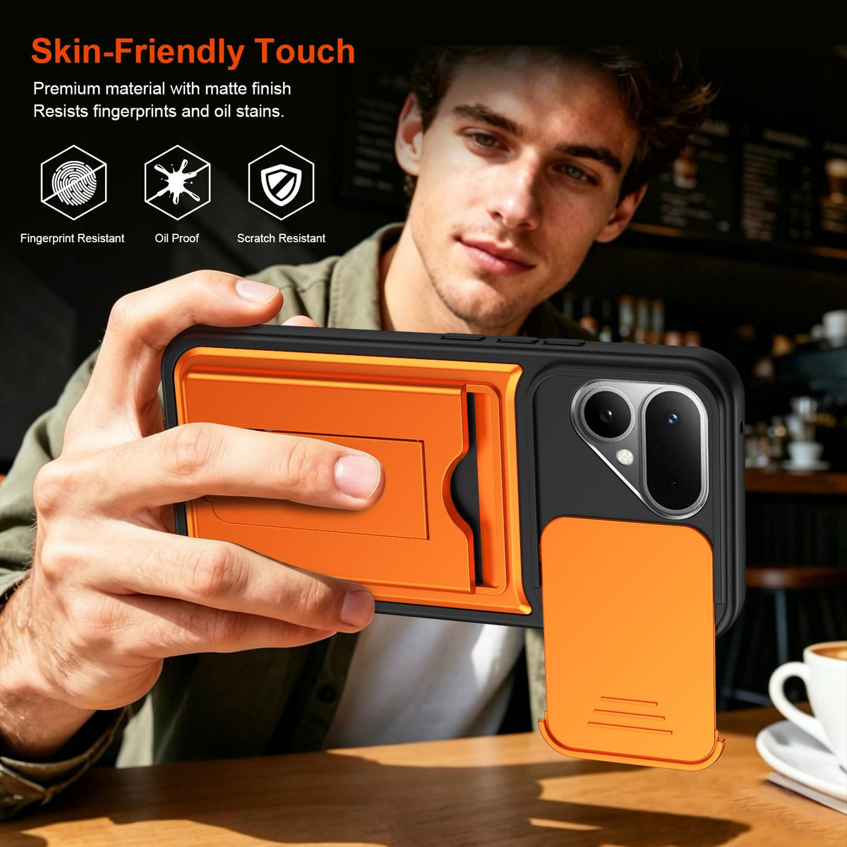 For Tecno Pova Curve 2 5G Card Holder Series Sliding Lens Cover PC Hybrid TPU Phone Case - Orange - EDA009709003C