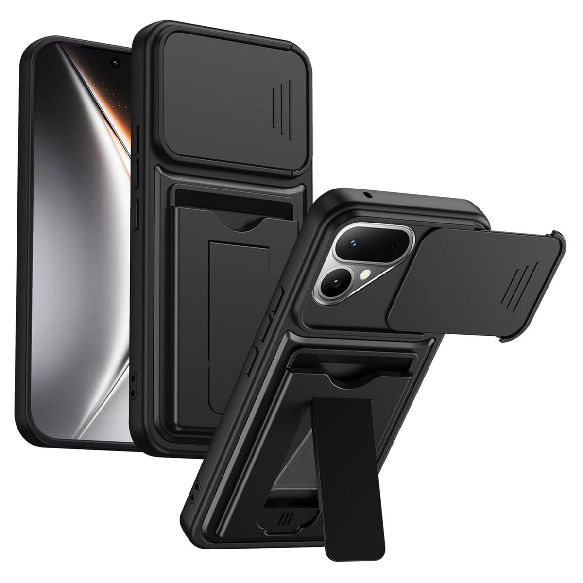 For Tecno Pova Curve 2 5G Card Holder Series Sliding Lens Cover PC Hybrid TPU Phone Case - Black - EDA009709003D