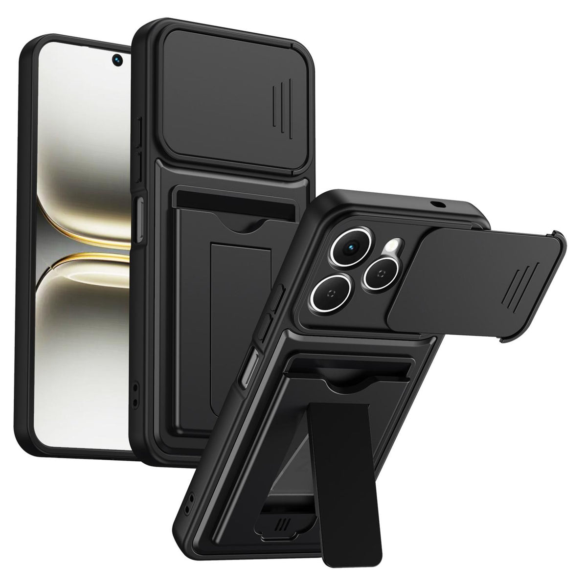 For Tecno Spark 40 4G Card Holder Series Sliding Lens Cover PC Hybrid TPU Phone Case - Black - EDA009709004D