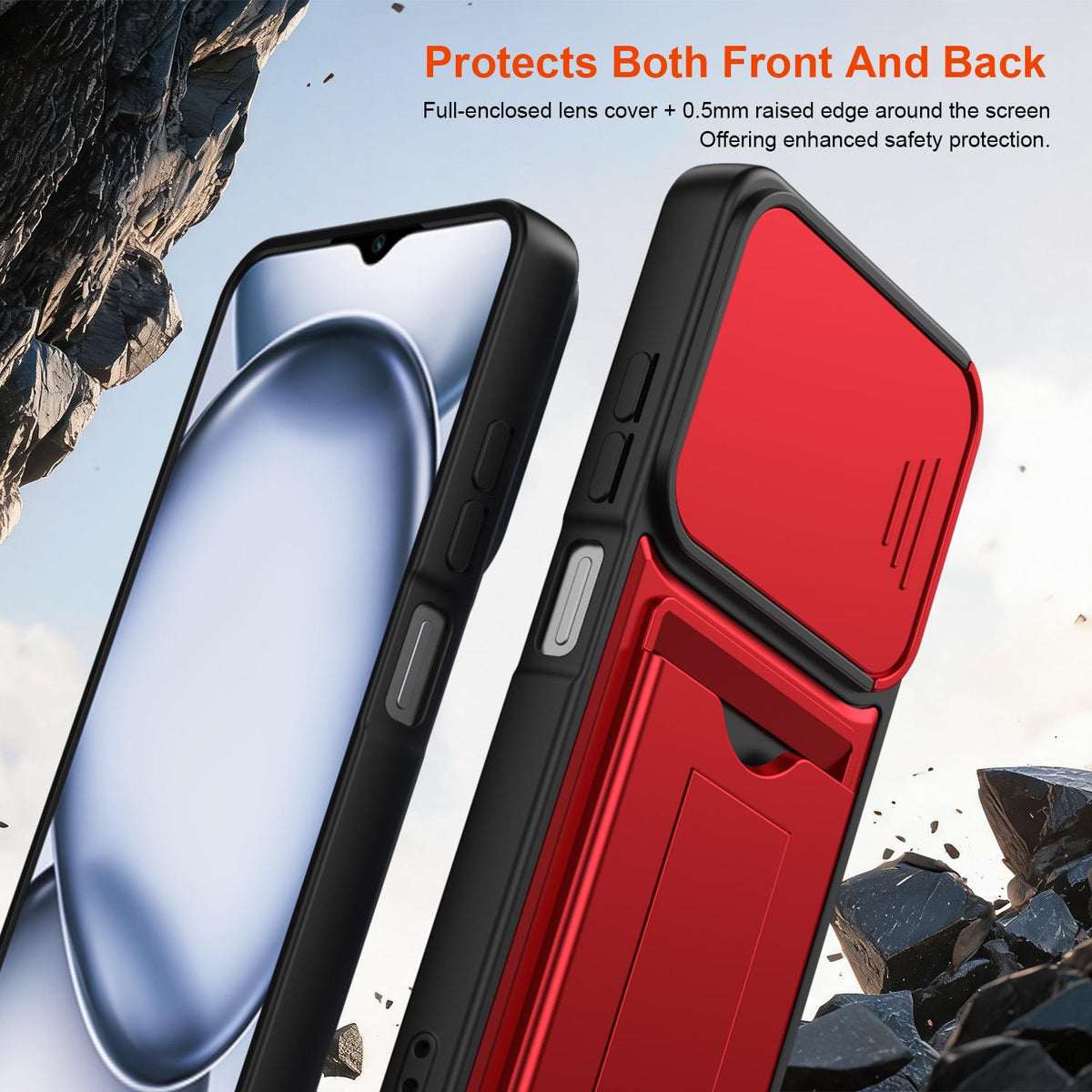 For Itel A100C 4G Card Holder Series Sliding Lens Cover PC Hybrid TPU Phone Case - Red - EDA009709102A