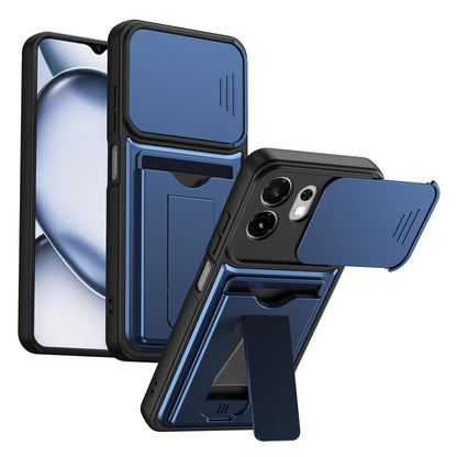 For Itel A100C 4G Card Holder Series Sliding Lens Cover PC Hybrid TPU Phone Case - Blue - EDA009709102B