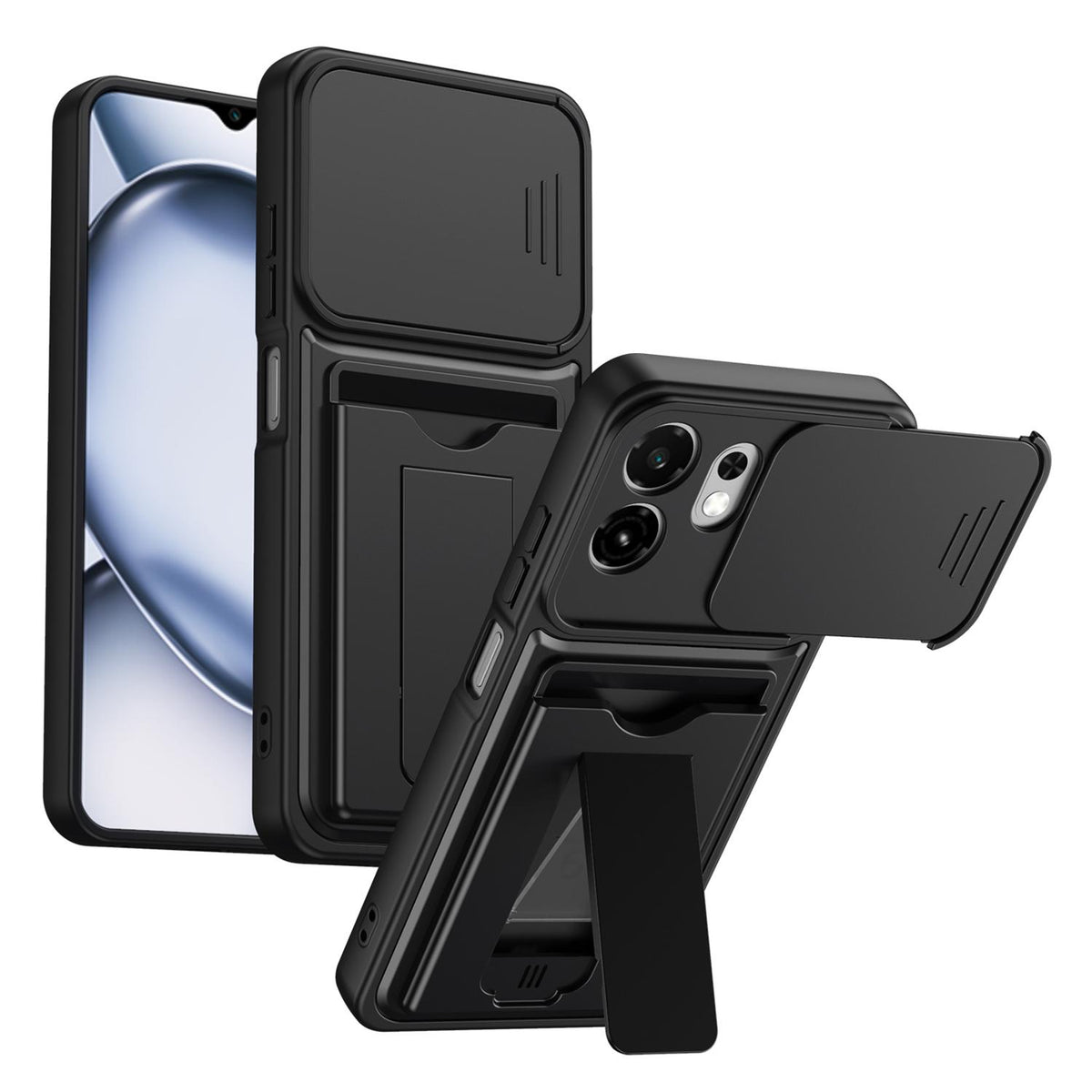 For Itel A100C 4G Card Holder Series Sliding Lens Cover PC Hybrid TPU Phone Case - Black - EDA009709102D