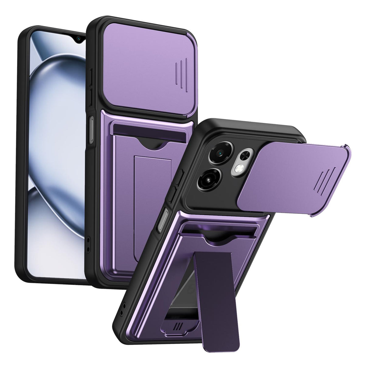 For Itel A100C 4G Card Holder Series Sliding Lens Cover PC Hybrid TPU Phone Case - Purple - EDA009709102E