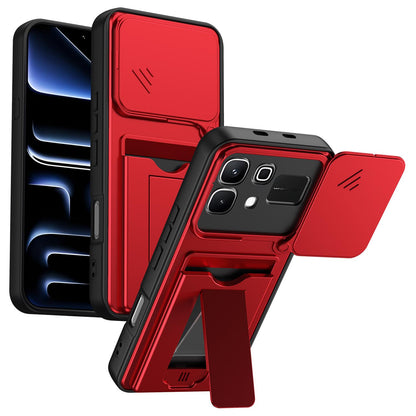 For Infinix Note 60 5G / Note 60 Pro 5G Card Holder Series Sliding Lens Cover PC Hybrid TPU Phone Case - Red - EDA009709404A