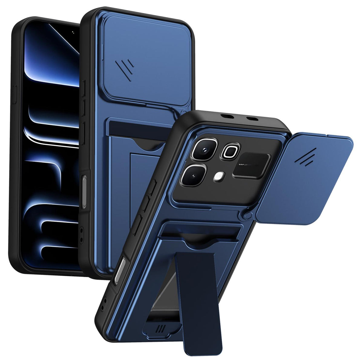 For Infinix Note 60 5G / Note 60 Pro 5G Card Holder Series Sliding Lens Cover PC Hybrid TPU Phone Case - Blue - EDA009709404B