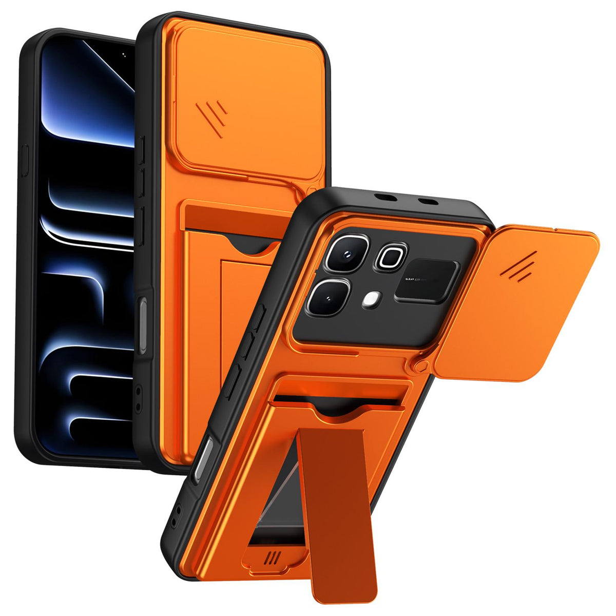 For Infinix Note 60 5G / Note 60 Pro 5G Card Holder Series Sliding Lens Cover PC Hybrid TPU Phone Case - Orange - EDA009709404C
