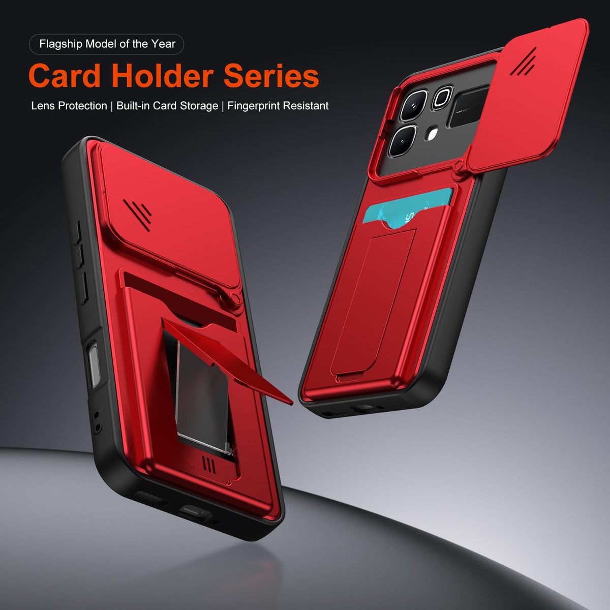 For Infinix Note 60 5G / Note 60 Pro 5G Card Holder Series Sliding Lens Cover PC Hybrid TPU Phone Case - Orange - EDA009709404C