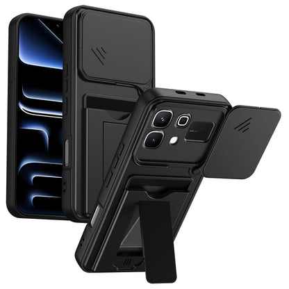 For Infinix Note 60 5G / Note 60 Pro 5G Card Holder Series Sliding Lens Cover PC Hybrid TPU Phone Case - Black - EDA009709404D