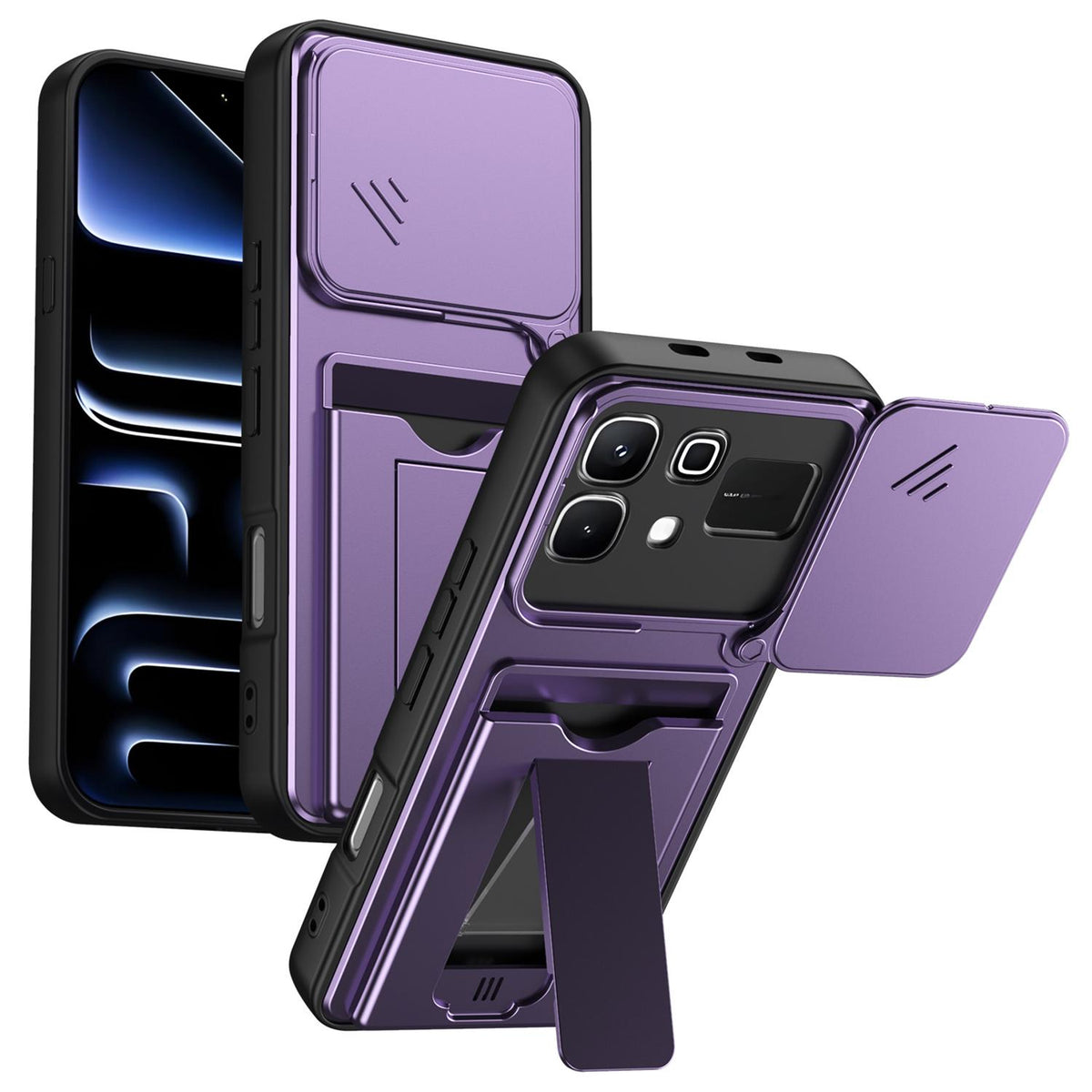 For Infinix Note 60 5G / Note 60 Pro 5G Card Holder Series Sliding Lens Cover PC Hybrid TPU Phone Case - Purple - EDA009709404E