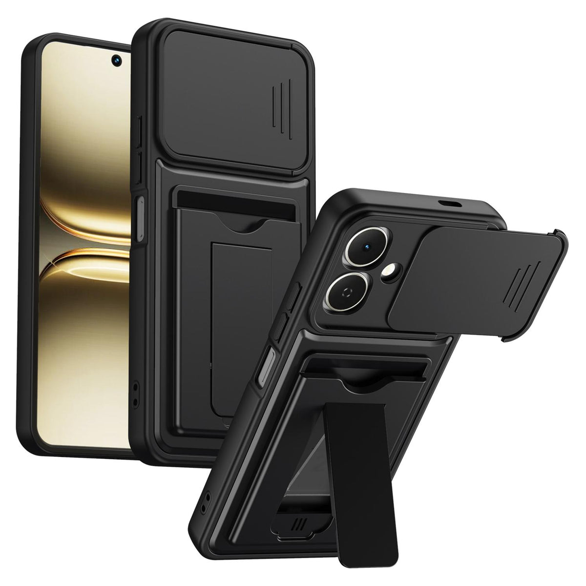 For Infinix Smart 20 4G Card Holder Series Sliding Lens Cover PC Hybrid TPU Phone Case - Black - EDA009709405D