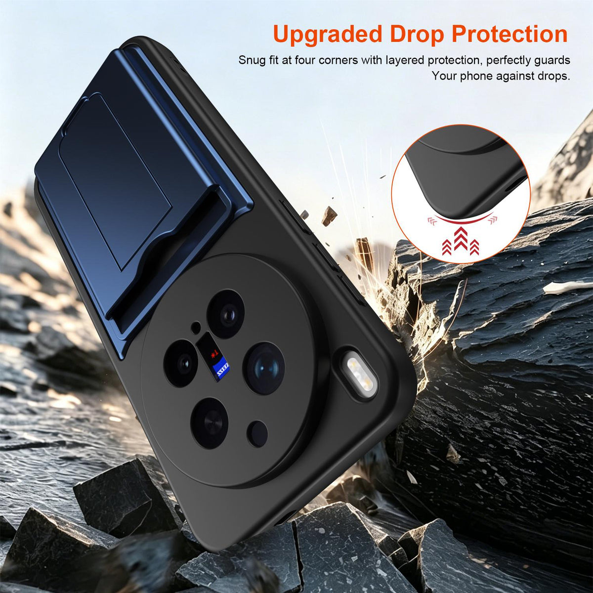 For vivo X300 Pro Card Holder Series Sliding Lens Cover PC Hybrid TPU Phone Case - Blue - EDA009709504B