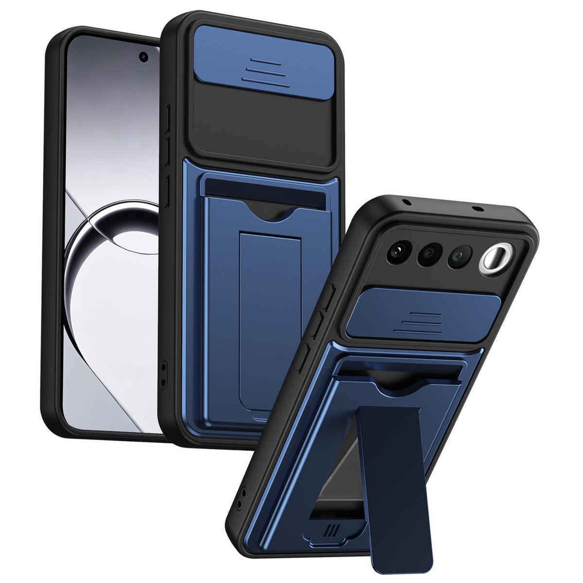 For Realme 16 5G Card Holder Series Sliding Lens Cover PC Hybrid TPU Phone Case - Blue - EDA009709601B