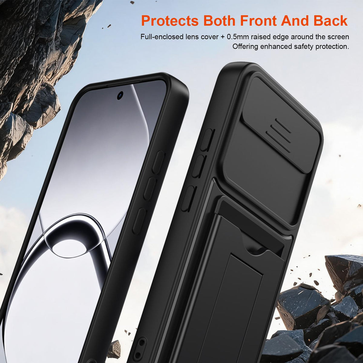 For Realme 16 5G Card Holder Series Sliding Lens Cover PC Hybrid TPU Phone Case - Orange - EDA009709601C