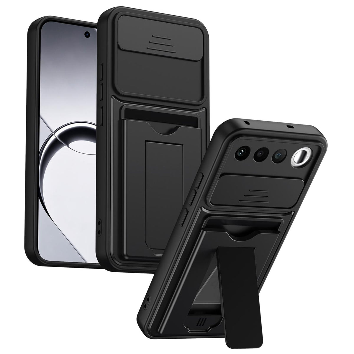 For Realme 16 5G Card Holder Series Sliding Lens Cover PC Hybrid TPU Phone Case - Black - EDA009709601D