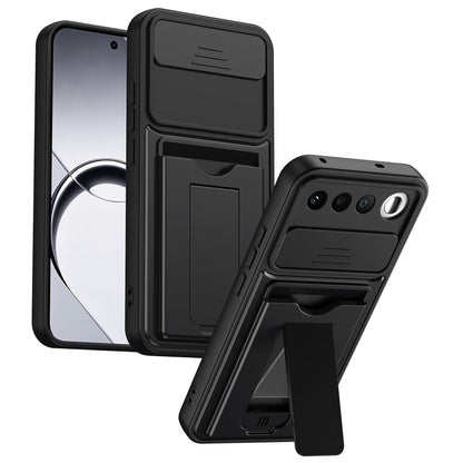 For Realme 16 5G Card Holder Series Sliding Lens Cover PC Hybrid TPU Phone Case - Black - EDA009709601D