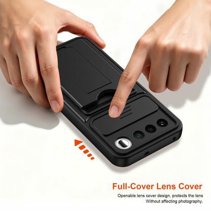 For Realme 16 5G Card Holder Series Sliding Lens Cover PC Hybrid TPU Phone Case - Black - EDA009709601D