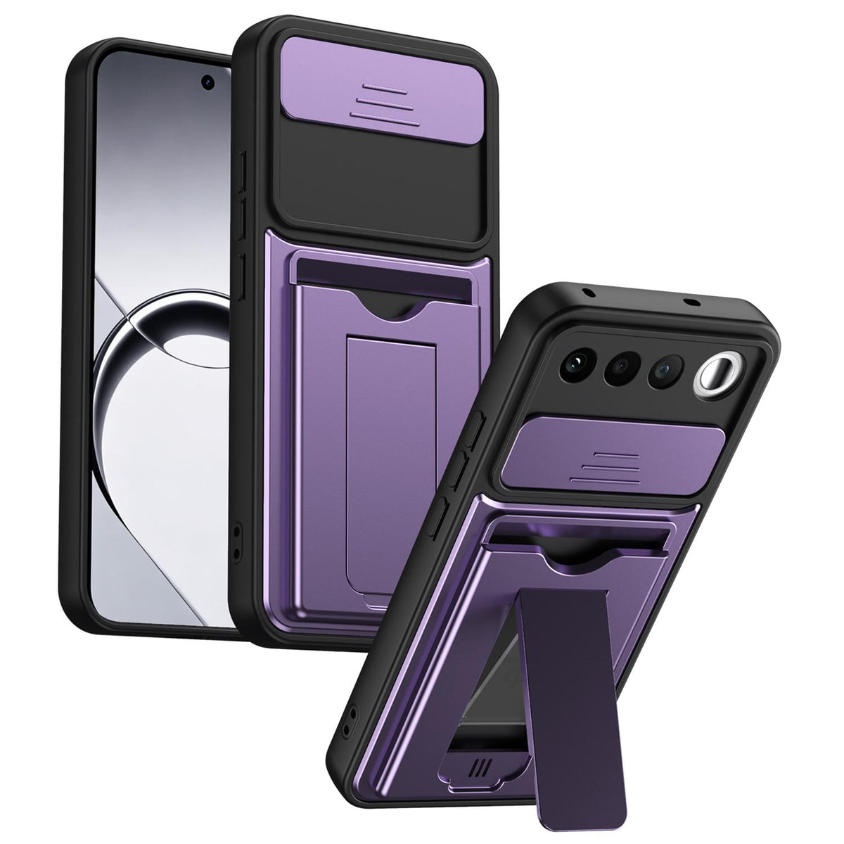 For Realme 16 5G Card Holder Series Sliding Lens Cover PC Hybrid TPU Phone Case - Purple - EDA009709601E