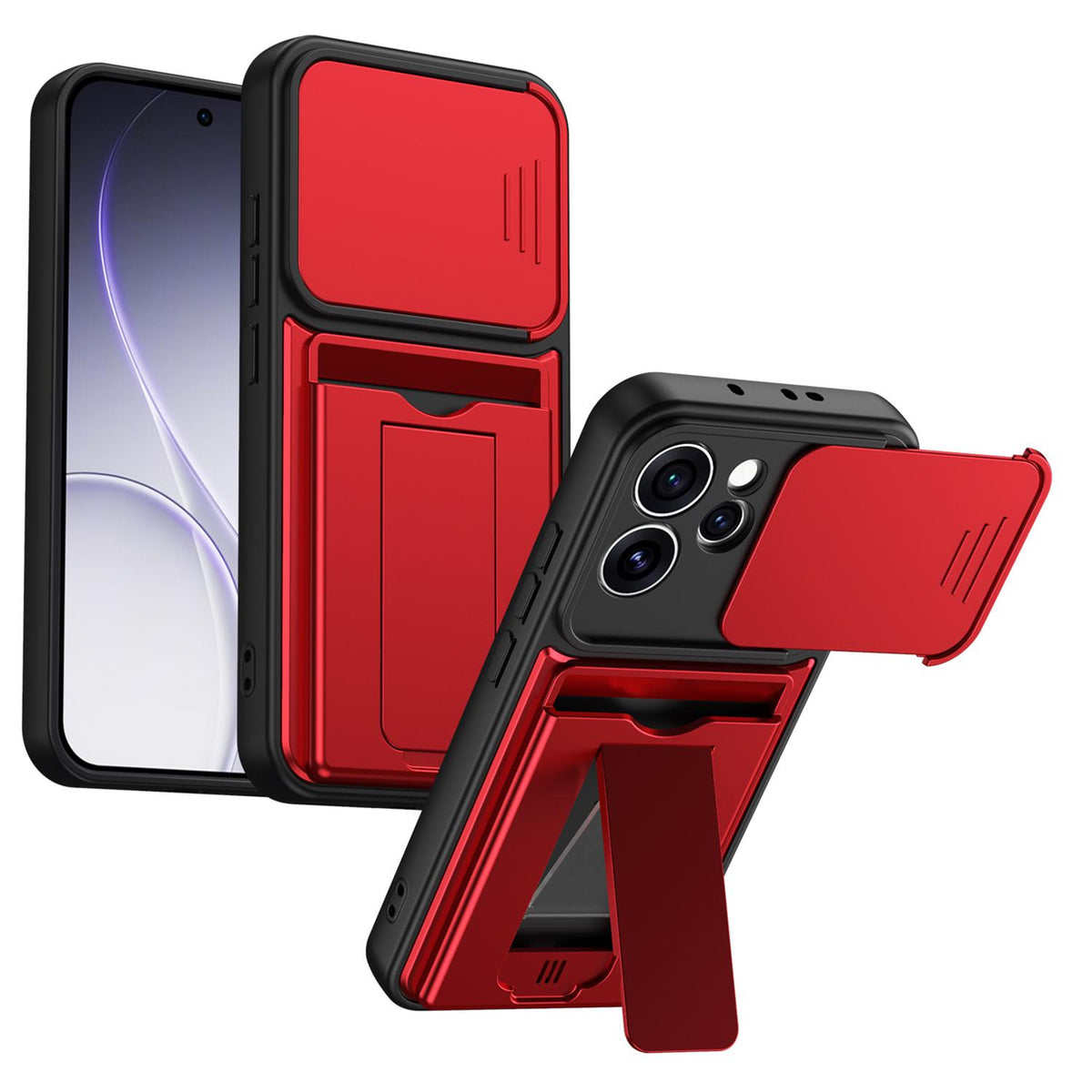 For OPPO Reno15 Pro 5G Global Card Holder Series Sliding Lens Cover PC Hybrid TPU Phone Case - Red - EDA009709804A