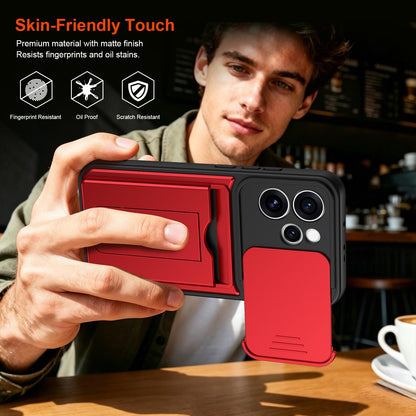 For OPPO Reno15 Pro 5G Global Card Holder Series Sliding Lens Cover PC Hybrid TPU Phone Case - Red - EDA009709804A