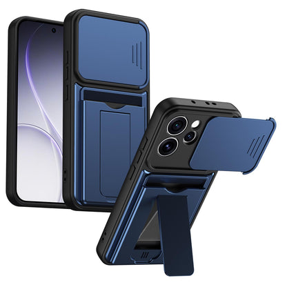 For OPPO Reno15 Pro 5G Global Card Holder Series Sliding Lens Cover PC Hybrid TPU Phone Case - Blue - EDA009709804B