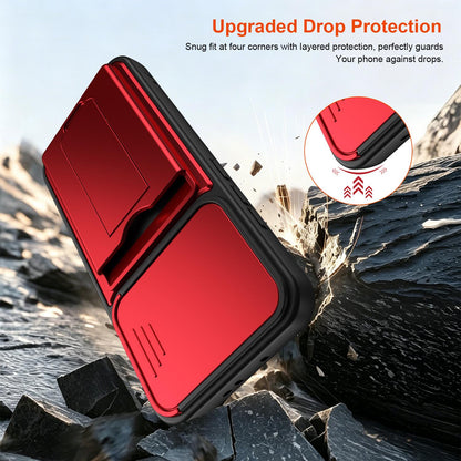 For OPPO Reno15 Pro 5G Global Card Holder Series Sliding Lens Cover PC Hybrid TPU Phone Case - Blue - EDA009709804B